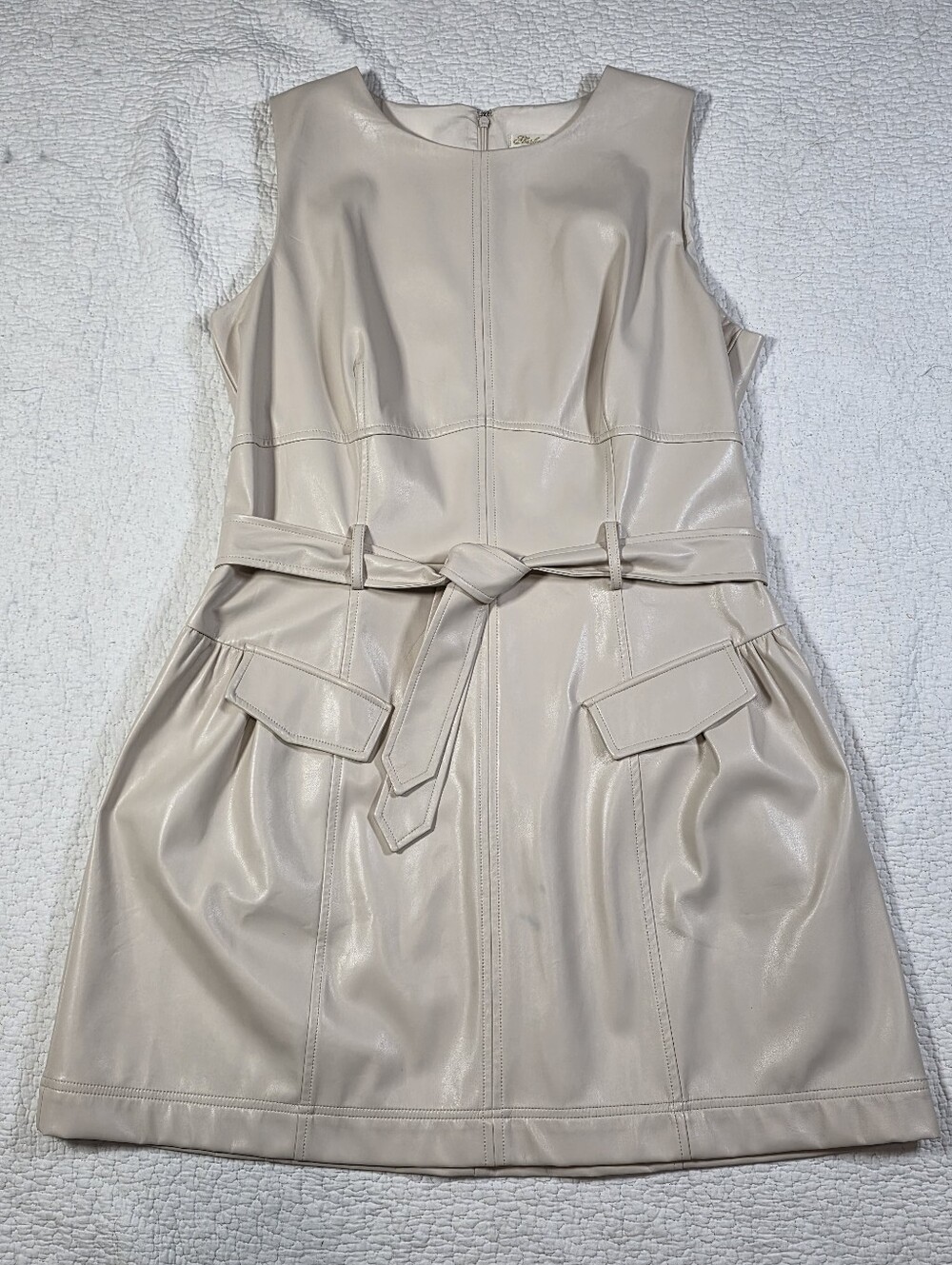 Shoshanna Sleeveless Faux Leather Belted Mini Dress in Light Beige